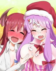 Rule 34 | 2girls, blush, breasts, cleavage, closed eyes, collarbone, demon girl, demon tail, dress, fang, food, food on body, food on face, grabbing, grabbing another&#039;s breast, hair ribbon, hat, head wings, highres, koakuma, large breasts, long hair, long sleeves, multiple girls, open clothes, open mouth, open shirt, patchouli knowledge, purple hair, red hair, ribbon, santa hat, shirt, smile, striped clothes, striped dress, tail, takorice, textless version, touhou, tress ribbon, upper body, very long hair, wings, yuri