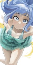 Rule 34 | 1girl, absurdres, blue eyes, blue hair, boku no hero academia, breasts, cleavage, collarbone, dress, fengling (furin-jp), green dress, hadou nejire, highres, leaning forward, legs, long hair, looking at viewer, open mouth, short dress, simple background, solo, thighs, white background