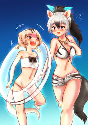 Rule 34 | +++, 2girls, :d, aardwolf (kemono friends), aardwolf print, absurdres, adapted costume, alternate hairstyle, animal ears, animal print, anteater ears, anteater tail, aqua bow, bare arms, bare legs, bare shoulders, barefoot, bead necklace, beads, bikini, bikini under clothes, black bow, black hair, blonde hair, blush, bow, bowtie, breasts, buttons, collarbone, commentary request, cutoffs, day, extra ears, feet out of frame, front-tie bikini top, front-tie top, grey hair, groin, hair between eyes, hair bow, hairband, hakumaiya, halterneck, hand on own chest, hand up, happy, height difference, high ponytail, highres, holding hands, jewelry, kemono friends, long hair, looking at another, low twintails, medium breasts, multicolored hair, multiple girls, navel, necklace, open clothes, open fly, open mouth, open shorts, outdoors, pink hair, ponytail, print bikini, print swimsuit, purple eyes, red eyes, running, sandals, short hair, short shorts, short twintails, shorts, sidelocks, silky anteater (kemono friends), small breasts, smile, stomach, swimsuit, swimsuit under clothes, tail, teeth, toes, twintails, twisted torso, two-tone hair, unbuttoned, upper teeth only, white bikini