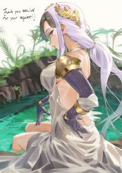 Rule 34 | 1girl, arm armor, azarashi hapu, backless dress, backless outfit, bare shoulders, black hair, breasts, commentary, commission, dress, english commentary, fadingz, from side, hand on own hip, highres, indie virtual youtuber, laurel crown, long dress, long hair, looking at viewer, low ponytail, medium breasts, mole, mole under eye, multicolored hair, parted lips, pond, profile, purple eyes, purple hair, sideboob, sidelocks, signature, sitting, sleeveless, sleeveless dress, soaking feet, solo, two-tone hair, vambraces, virtual youtuber, white dress