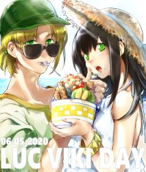 Rule 34 | 1girl, absurdres, armlet, black hair, blonde hair, casual, character name, dated, food, gensou suikoden, gensou suikoden ii, green eyes, hat, highres, ikunosake, jewelry, long hair, looking at viewer, luc (suikoden), open mouth, straw hat, sunglasses, viki (suikoden)