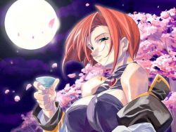 Rule 34 | 00s, 1girl, blue eyes, breasts, cherry blossoms, cleavage cutout, clothing cutout, forte stollen, full moon, galaxy angel, large breasts, monocle, moon, night, outdoors, petals, red hair, solo, tagme