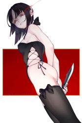 Rule 34 | 1girl, 50mgnicotine, 50mgnicotine, absurdres, arms behind back, ass, bare shoulders, black bow, black hair, black thighhighs, border, bow, combat knife, film grain, fingernails, flaming eye, highres, holding, holding knife, holding weapon, knife, medium hair, mole, mole under eye, original, red eyes, signature, skindentation, solo, thighhighs, weapon, white border, yandere