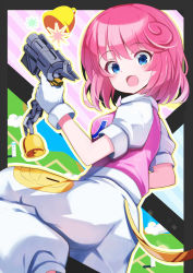 Rule 34 | 1girl, :o, ass, bell, blue eyes, blush, bombergirl, chain, gloves, gun, highres, holding, holding gun, holding weapon, looking at viewer, looking back, omochishiki, pants, pastel (twinbee), pink hair, pink shirt, shirt, short hair, short sleeves, solo, twinbee, weapon, white gloves, white pants