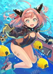 Rule 34 | 1girl, ahoge, azur lane, backless swimsuit, body writing, bubble, collarbone, competition swimsuit, cross, fish, full body, gloves, headband, highres, iron cross, jacket, looking at viewer, medium hair, one-piece swimsuit, open mouth, pink hair, shoes, solo, swimsuit, u-81 (azur lane), underwater, yellow eyes, yuko (uc yuk)