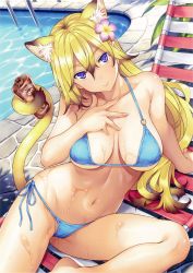 Rule 34 | 1girl, absurdres, animal ears, arm support, bikini, blonde hair, blue bikini, breasts, cameltoe, chair, cleft of venus, closed mouth, covered erect nipples, day, flower, gradient hair, hair between eyes, hair flower, hair ornament, hand on own chest, head tilt, highres, holding, holding with tail, kotora (toranoana), large breasts, leg up, lips, looking at viewer, lounge chair, multicolored hair, navel, non-web source, outdoors, plumeria, poolside, prehensile tail, purple eyes, scan, side-tie bikini bottom, smile, solo, string bikini, swimsuit, tail, tiger ears, tiger tail, toranoana, wet, yoshiron