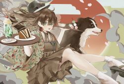 Rule 34 | 1girl, absurdres, ahoge, bamboo print, bow, brown hair, brown skirt, cake, cherry, cloud, commentary request, cup, dango, dog, dog request, earrings, floral print, flying, food, fruit, glass, green eyes, hair lift, hakama, hakama skirt, hands up, haori, hat, hat bow, highres, holding, holding plate, ice, ice cream, ice cube, japanese clothes, jewelry, kimono, knees up, long hair, looking at viewer, maegami (daisuki oekaki1), obi, open mouth, original, plate, red sun, sash, short sleeves, skirt, smile, socks, teacup, wagashi, whipped cream, white socks