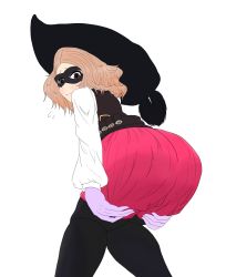 Rule 34 | 10s, 1girl, ass, brown eyes, brown hair, embarrassed, flying sweatdrops, gloves, hat, highres, looking at viewer, looking back, looking down, mask, matching hair/eyes, okumura haru, pantyhose, persona, persona 5, short hair, shorts, simple background, smile, solo, tiseryuu, white background