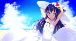 Rule 34 | 1girl, armpits, arms up, bad id, bad pixiv id, black bow, black ribbon, blue eyes, blue sky, blurry, blurry background, blush, bow, breasts, closed mouth, cloud, day, depth of field, dress, flower, hat, hat bow, hat flower, horizon, long hair, looking at viewer, ocean, original, outdoors, ponpon (tosico), purple hair, red flower, ribbon, sky, sleeveless, sleeveless dress, small breasts, smile, solo, sun hat, sunflower, very long hair, white dress, white flower, white hat, yellow flower