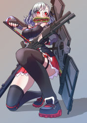 Rule 34 | 12-gauge, 12-gauge (2 3/4 inch shell), 1girl, absurdres, ammunition, asymmetrical bangs, ballistic shield, black footwear, black gloves, black thighhighs, blue ribbon, blush, breasts, combat shotgun, commentary, dragoncastle, dual-mode shotgun, fingerless gloves, food, franchi, full body, girls&#039; frontline, gloves, grey hair, gun, hair ribbon, highres, holding, holding gun, holding weapon, large breasts, lettuce, meat, mouth hold, on one knee, pleated skirt, pump-action shotgun, pump action, red eyes, red skirt, ribbon, semi-automatic firearm, semi-automatic shotgun, shield, shield module, shoes, shotgun, shotgun shell, silhouette, skirt, solo, spas-12, spas-12 (girls&#039; frontline), submarine sandwich, thighhighs, tomato, twintails, weapon