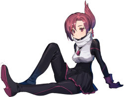 Rule 34 | 1girl, black pantyhose, black skirt, closed mouth, commentary request, fingerless gloves, frown, gloves, high-waist skirt, highres, kemurikusa, knee up, looking at viewer, pantyhose, pink gloves, pink hair, purple gloves, red eyes, rin (kemurikusa), scarf, simple background, sitting, skirt, solo, tanakalma, white background, white scarf