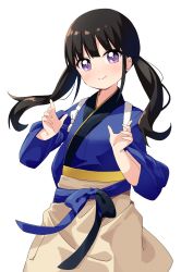 Rule 34 | 1girl, apron, black hair, blue kimono, collared shirt, haru (konomi 150), highres, inoue takina, japanese clothes, kimono, long hair, lycoris recoil, neck ribbon, purple eyes, ribbon, shirt, twintails, waitress