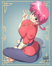 1girl artist_logo ass barefoot black_pants blue_background braid braided_ponytail breasts chinese_clothes danmakuman full_body highres indian_style large_breasts logo long_hair looking_at_viewer pants ranma-chan ranma_1/2 red_eyes red_hair red_shirt shirt single_braid sitting solo tangzhuang v