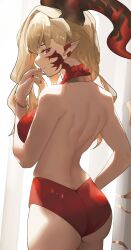 Rule 34 | absurdres, alternate costume, ass, bare back, blonde hair, bracelet, breasts, fate/grand order, fate (series), highres, horns, jewelry, large breasts, looking at viewer, looking back, nero claudius (fate), nero claudius (fate) (all), phaethonvt, pointy ears, queen draco (fate), queen draco (third ascension) (fate), red eyes, red nails