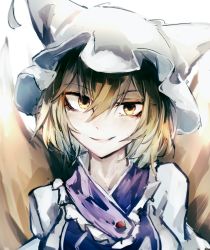 Rule 34 | 1girl, absurdres, animal hat, blonde hair, closed mouth, collarbone, dress, fox tail, hair between eyes, hat, highres, long sleeves, looking at viewer, mob cap, multiple tails, safutsuguon, short hair, simple background, smile, solo, tabard, tail, touhou, upper body, white background, white dress, white hat, white sleeves, yakumo ran, yellow eyes