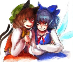 Rule 34 | 2girls, animal ears, bad id, bad pixiv id, blue eyes, blue hair, brown eyes, brown hair, cat ears, cat girl, cat tail, chen, cirno, crossed arms, evil grin, evil smile, female focus, grin, multiple girls, ribbon, sketch, smile, tail, touhou, wings, you gonna get raped, yukizen
