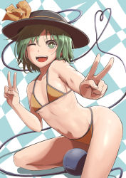 Rule 34 | 1girl, ;d, baketsuya, bikini, breasts, checkered background, commentary request, covered erect nipples, double v, eyeball, green eyes, green hair, hat, heart, heart of string, highres, komeiji koishi, looking at viewer, navel, one eye closed, open mouth, orange bikini, short hair, small breasts, smile, solo, swimsuit, third eye, touhou, v