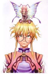 Rule 34 | 2girls, ^ ^, absurdres, armor, blonde hair, butterfly wings, closed eyes, crooked eyewear, fairy, frown, full body, gem, glasses, hair between eyes, highres, insect wings, legs apart, messy hair, mini person, minigirl, miniskirt, multiple girls, pantyhose, pointy ears, red gemstone, round eyewear, simple background, size difference, skirt, striped clothes, striped pantyhose, thighhighs, vertical-striped clothes, vertical-striped pantyhose, white background, wings, yamashita shun&#039;ya