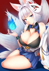 Rule 34 | 1girl, animal ears, azur lane, bare shoulders, blue eyes, blue skirt, breasts, cleavage, closed mouth, commentary request, fox ears, fox mask, fox tail, kaga (azur lane), large breasts, looking at viewer, mask, mask on head, multiple tails, short hair, sitting, skirt, smile, solo, tail, white hair, zukky