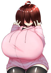 Rule 34 | 1girl, ahoge, black thighhighs, blush, bottomless, breasts, brown hair, curvy, double v, full body, gigantic breasts, hair over eyes, highres, hood, hoodie, miru cocoa, mozuku (miru cocoa), original, pink hoodie, short hair, smile, solo, standing, thick thighs, thighhighs, thighs, v, white background, wide hips