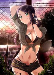 Rule 34 | 1girl, arms behind head, arms up, bad id, bad twitter id, barbed wire, bikini, bikini under clothes, black bikini, black gloves, black hair, blush, breasts, camouflage, camouflage shorts, cleavage, closed mouth, collarbone, dog tags, fence, fingerless gloves, gen (enji), gloves, green eyes, green shirt, green shorts, gun, helmet, highres, idolmaster, idolmaster cinderella girls, large breasts, long hair, looking at viewer, navel, ponytail, rifle, shirt, short shorts, shorts, smile, solo, sunset, sweat, swept bangs, swimsuit, thighs, tied shirt, weapon, yamato aki
