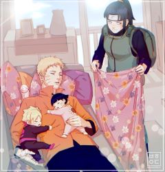 Rule 34 | 2boys, 2girls, baby, baby bottle, backpack, bag, behindxa, black hair, blanket, blonde hair, boruto: naruto next generations, bottle, brother and sister, closed eyes, closed mouth, commentary request, drooling, facial mark, family, father and daughter, father and son, headband, high ponytail, highres, holding, holding blanket, husband and wife, hyuuga hinata, korean commentary, long hair, long sleeves, lying, mother and daughter, mother and son, multiple boys, multiple girls, naruto (series), on back, pajamas, pillow, ponytail, siblings, sleeping, smile, uzumaki boruto, uzumaki himawari, uzumaki naruto, whisker markings