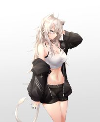 Rule 34 | 1girl, absurdres, ahoge, animal ear fluff, animal ears, bare shoulders, black jacket, black nails, black shorts, breasts, cleavage, closed mouth, crop top, ear piercing, grey eyes, hair between eyes, highres, hololive, jacket, large breasts, lion ears, lion girl, lion tail, long hair, long sleeves, looking at viewer, midriff, nail polish, nash11, navel, off shoulder, open clothes, open jacket, piercing, shirt, shishiro botan, short shorts, shorts, silver hair, simple background, solo, tail, thighhighs, twitter username, virtual youtuber, white shirt
