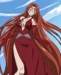 Rule 34 | 1girl, bare shoulders, breast tattoo, breasts, bruise, cloud, crazy, dirty, dress, elbow gloves, fairy tail, flare corona, gloves, highres, long hair, red eyes, red hair, scar, screencap, smile, solo, stitched, tattoo, third-party edit