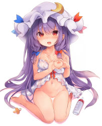 Rule 34 | 1girl, baby bottle, babydoll, barefoot, blue bow, blush, bottle, bow, breasts, collarbone, crescent, crescent hair ornament, full body, hair bow, hair ornament, hat, heart, heart hands, heart in eye, highres, kedama milk, lactation, long hair, looking at viewer, milk, mob cap, navel, nipples, no panties, open mouth, pacifier, patchouli knowledge, petite, purple hair, red bow, red eyes, simple background, sitting, small breasts, solo, symbol in eye, touhou, very long hair, wakamezake, wariza, white background