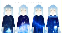 Rule 34 | absurdres, artist self-reference, bad id, bad pixiv id, blue hair, blush, closed eyes, commentary, double exposure, hatsune miku, highres, light blush, long hair, multiple views, night, night sky, re eva, shirt, shooting star, sky, smile, star (sky), starry sky, t-shirt, twintails, upper body, variations, very long hair, vocaloid, white background