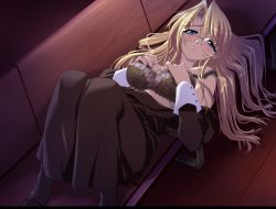 Rule 34 | 1girl, bench, blonde hair, blue eyes, blush, bra, breast hold, breasts, cleavage, downhill night, dress, emily (pure dream), game cg, garter belt, glasses, lingerie, long hair, lying, nun, on back, solo, thighhighs, top (company), underwear, yano maria