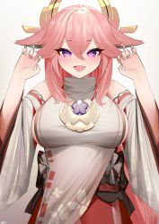 1girl animal_ears blush breasts claw_pose ear_piercing fang female_focus fingernails fox_ears gdat genshin_impact hair_between_eyes hair_ornament hands_up highres japanese_clothes large_breasts long_hair looking_at_viewer nail_polish nontraditional_miko open_mouth piercing pink_hair purple_eyes sideboob simple_background skin_fang smile solo upper_body white_background yae_miko