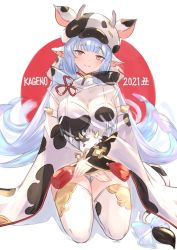 Rule 34 | 1girl, 2021, animal ears, animal print, artist name, blue hair, breasts, brown eyes, catura (granblue fantasy), chinese zodiac, cleavage, closed mouth, commentary request, cow, cow ears, cow hood, cow horns, cow print, cow print sleeves, detached sleeves, draph, earrings, granblue fantasy, horns, jewelry, large breasts, long hair, looking at viewer, mugen kageno, sitting, smile, solo, thighhighs, wariza, white thighhighs, wide sleeves, year of the ox