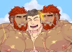 Rule 34 | 3boys, :d, abs, bara, beard, blush, boy sandwich, dark-skinned male, dark skin, eyebrow cut, facial hair, flaming eye, happy, hephaestus (housamo), highres, large areolae, large pectorals, male focus, mature male, multiple boys, muscular, muscular male, mustache stubble, nervous sweating, nipples, open mouth, pectoral docking, pectoral press, pectorals, protagonist 3 (housamo), sandwiched, scar, scar on chest, short hair, smile, stubble, sweat, talos (housamo), thick eyebrows, tokyo houkago summoners, xxx13, yaoi