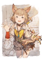 Rule 34 | 10s, 1girl, animal ears, bell, blush, book, brown hair, cat ears, cat girl, child, choker, final fantasy, final fantasy xiv, goblin (final fantasy), hair bell, hair ornament, hand up, happy, highres, holding, holding book, jingle bell, junwool, khloe aliapoh, leaning forward, mandragora (final fantasy), miqo&#039;te, muted color, open mouth, short hair, sketch, smile, solo, tail