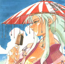 Rule 34 | 1990s (style), 1girl, beach, blue hair, breasts, cleavage, cloud, earrings, food, hat, ice cream, jewelry, ocean, popsicle, retro artstyle, ryouko (tenchi muyou!), solo, spiked hair, tenchi muyou!, tongue, yellow eyes