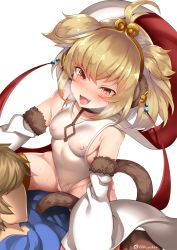 Rule 34 | 1boy, 1girl, :d, andira (granblue fantasy), animal ears, blonde hair, blush, breasts, breath, commentary request, covered erect nipples, detached sleeves, erune, fang, girl on top, gran (granblue fantasy), granblue fantasy, hagoromo, hetero, highres, ichijou hitoshi, implied sex, looking at another, medium breasts, monkey ears, monkey girl, monkey tail, open mouth, red eyes, shawl, short hair, simple background, smile, sweat, tail, twitter username, white background, wide sleeves