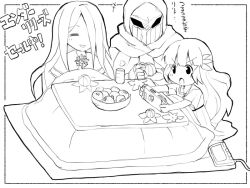 Rule 34 | 1boy, 2girls, armor, bowl, cloak, closed eyes, commentary request, dress, ender lilies quietus of the knights, food, fretia (ender lilies), fruit, full armor, greyscale, hair over one eye, handheld game console, holding, holding handheld game console, hood, hooded cloak, kotatsu, lily (ender lilies), long hair, mandarin orange, monochrome, multiple girls, nintendo switch, open mouth, sitting, sketch, smile, table, umbral knight (ender lilies), zubatto (makoto)