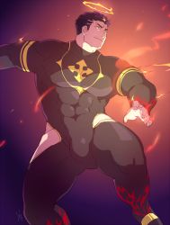 Rule 34 | 1boy, bara, black bodysuit, black hair, bodysuit, bulge, embers, facial hair, fighting stance, fire, flaming halo, gluteal fold, halo, highres, hip vent, kaniharu, large pectorals, leg up, looking to the side, male focus, mature male, muscular, muscular male, pectorals, short hair, sideburns, solo, stubble, thick thighs, thighs, tokyo houkago summoners, zabaniyya (housamo)