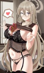 Rule 34 | 1girl, absurdres, akane (blue archive), bedroom, between breasts, black bra, black panties, black thighhighs, blonde hair, blue archive, blurry, blurry background, box, bra, breasts, brown eyes, chocolate, garter straps, gift, gift box, glasses, grin, haerge, halo, hands up, heart, heart-shaped box, highres, indoors, lace trim, large breasts, lingerie, micro panties, navel, panties, parted lips, smile, solo, spoken heart, stomach, thighhighs, underwear, underwear only, valentine