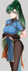 Rule 34 | 1girl, absurdres, asymmetrical bangs, black gloves, black panties, black pantyhose, blue dress, blush, breasts, clothes lift, dress, earrings, fingerless gloves, fire emblem, fire emblem: the blazing blade, gloves, gold trim, green eyes, green hair, high ponytail, highres, jewelry, large breasts, lifting own clothes, long hair, looking at viewer, lyn (fire emblem), nintendo, ormille, panties, panties under pantyhose, pantyhose, pelvic curtain, pelvic curtain lift, ponytail, short sleeves, solo, underwear