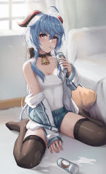 Rule 34 | 1girl, ahoge, alternate costume, bare shoulders, bed, bell, black choker, black thighhighs, blue hair, blue jacket, blush, breasts, camisole, can, casual, casual, choker, cleavage, collarbone, covered navel, denim, denim shorts, drinking, drinking straw, feet, full body, ganyu (genshin impact), genshin impact, gradient eyes, holding, holding can, horns, indoors, jacket, kneeling, legs, long hair, long sleeves, looking at viewer, mool yueguang, multicolored eyes, neck bell, off shoulder, on floor, open clothes, open jacket, pillow, purple eyes, short shorts, shorts, sitting, sleeves past wrists, small breasts, solo, spill, thighhighs, track jacket, very long hair, wariza, window, yellow eyes