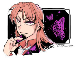 Rule 34 | 1boy, artist name, brown hair, bug, butterfly, closed mouth, collared shirt, commentary request, dated, highres, ichijou seiya, insect, kaiji, long hair, looking at viewer, male focus, medium bangs, necktie, portrait, purple butterfly, purple eyes, red shirt, shirt, solo, unknown03162, white necktie