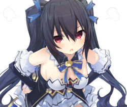 Rule 34 | 1girl, :o, absurdres, bare shoulders, black hair, blue bow, blue bowtie, blue ribbon, blush, bow, bowtie, breasts, buran buta, cleavage, commentary request, detached collar, detached sleeves, hair between eyes, hair ribbon, hands on own hips, highres, leaning forward, long hair, looking at viewer, medium breasts, miniskirt, neptune (series), noire (neptunia), pleated skirt, red eyes, ribbon, simple background, skirt, solo, twintails, very long hair, white background, white skirt