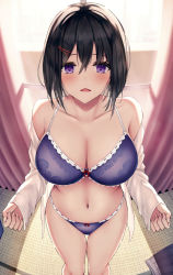 Rule 34 | 1girl, black hair, blush, bra, breasts, cleavage, feet out of frame, hair ornament, hairclip, indoors, large breasts, liya, long sleeves, looking at viewer, navel, off shoulder, open clothes, open shirt, original, panties, parted lips, purple bra, purple eyes, purple panties, shirt, short hair, skirt, solo, standing, stomach, thighs, underwear, unworn skirt, white shirt