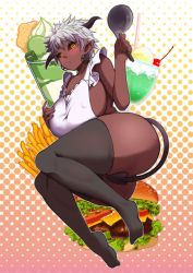 Rule 34 | 1girl, absurdres, apron, ass, back, black sclera, black thighhighs, breasts, collarbone, colored sclera, curvy, dark-skinned female, dark skin, demon girl, demon tail, drink, earrings, elf-san wa yaserarenai., fang, food, garter straps, goat eyes, highres, horns, jewelry, large breasts, legs together, mikado ryouma, naked apron, open mouth, pentagram, pointy ears, satero (elf-san wa yaserarenai.), short hair, sideboob, smile, solo, tail, thick thighs, thighhighs, thighs, white hair