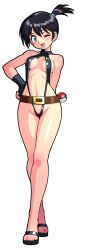 Rule 34 | 1girl, adapted costume, asymmetrical hair, bare legs, belt, black hair, blue eyes, blush, breasts, cowboy shot, creatures (company), female focus, full body, game freak, gen 1 pokemon, gloves, gym leader, hair tie, highres, legs, legs together, medium breasts, meiohsei, misty (pokemon), navel, nintendo, nipples, one-piece swimsuit, one eye closed, outline, pokemon, pokemon: the electric tale of pikachu, ponytail, sandals, shiny skin, short hair, side ponytail, slingshot swimsuit, solo, standing, swimsuit, thighs, tkgoishi, water, wide hips, wink