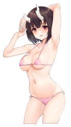 Rule 34 | 1girl, absurdres, amrita (amber78gou), arm behind head, arm up, armpits, bare shoulders, bikini, blush, breasts, broken horn, brown hair, cleavage, collarbone, eriko (princess connect!), highres, horns, large breasts, looking at viewer, micro bikini, navel, open mouth, pink bikini, princess connect!, purple eyes, shaded face, short hair, simple background, smile, solo, stretching, swimsuit, thighs, white background