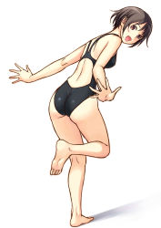 Rule 34 | 1girl, absurdres, ass, black hair, brown eyes, competition swimsuit, from behind, highres, kuri (kurigohan), one-piece swimsuit, original, short hair, simple background, solo, swimsuit