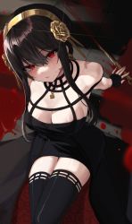 Rule 34 | 1girl, absurdres, black gloves, black hair, blood, bloody weapon, blush, breasts, cleavage, dagger, dress, earrings, fingerless gloves, flower, from above, gloves, gold, gold hairband, hair flower, hair ornament, hairband, highres, jewelry, knife, large breasts, looking at viewer, looking up, parted lips, petals, pomp (qhtjd0120), red eyes, rose, sitting, solo, spy x family, thighhighs, two-sided dress, two-sided fabric, weapon, yor briar, zettai ryouiki